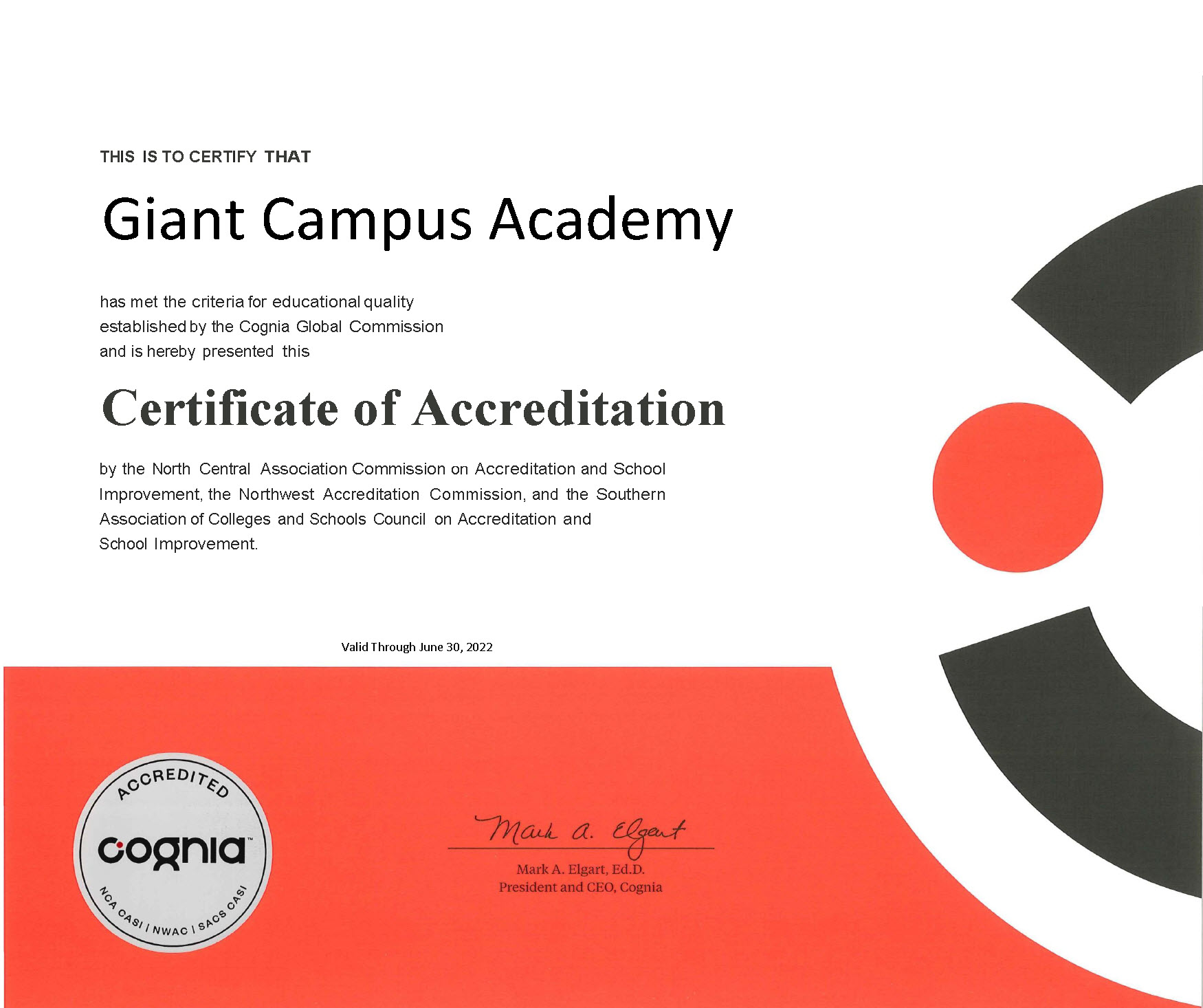 Accreditation Certificate for Giant Campus Academy Online High School